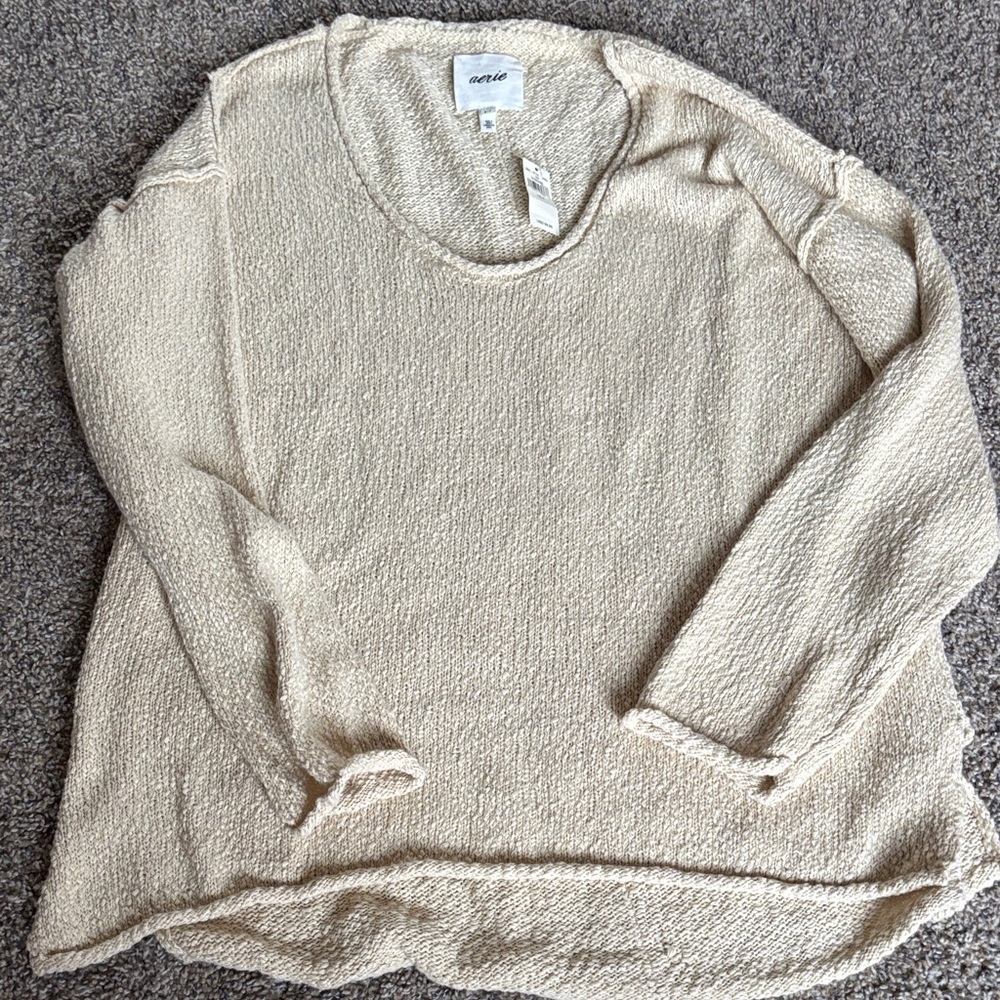 Aerie Cream Textured Scoop Neck Sweater